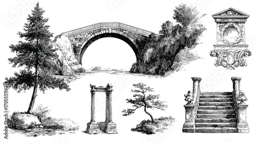 Vintage Engraved Illustration Set of Stone Arch Buildings