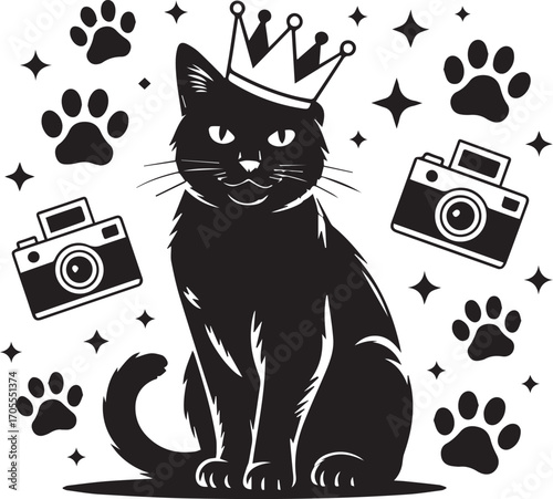 world animal day black and white cat vector line art