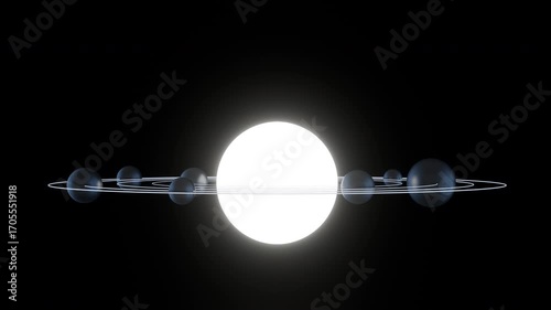 Wallpaper Mural 3d small black spheres, molecules or particles rotating to orbit path around big neon light ball or planet. Abstract art 3d animation on black background. Modern fashion concept design. Torontodigital.ca