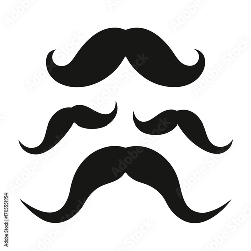 A grouping of four black silhouette mustaches in a triangular arrangement on a white background
