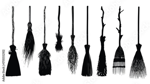 Witch Brooms Vector Silhouette Illustration Set