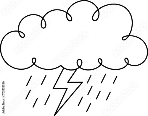 Whimsical cartoon cloud with lightning and rain, symbolizing a storm.