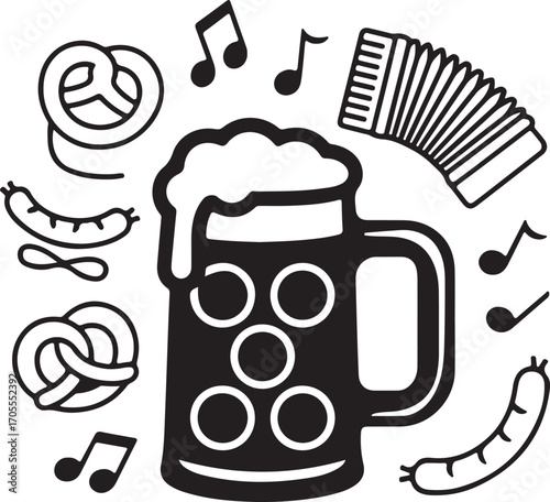 frothy beer mug pretzels sausages oktoberfest vector