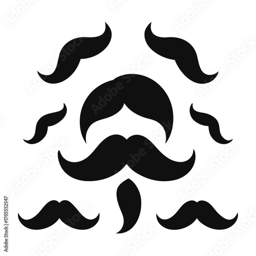 Assortment of eight black mustache silhouettes with varied styles and arrangements on a white background