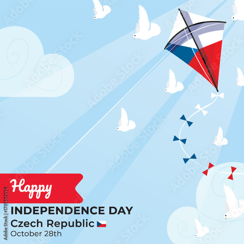 Kite with Czech Republic Flag Flying Under Bright Blue Sky with Sunlight and White Doves. Czech Republic Independence Day
