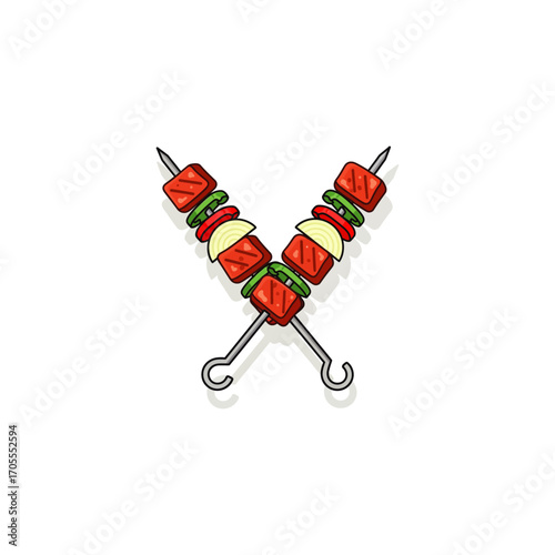 Crossed grilled shish kebab on skewers stick icon flat vector design.
