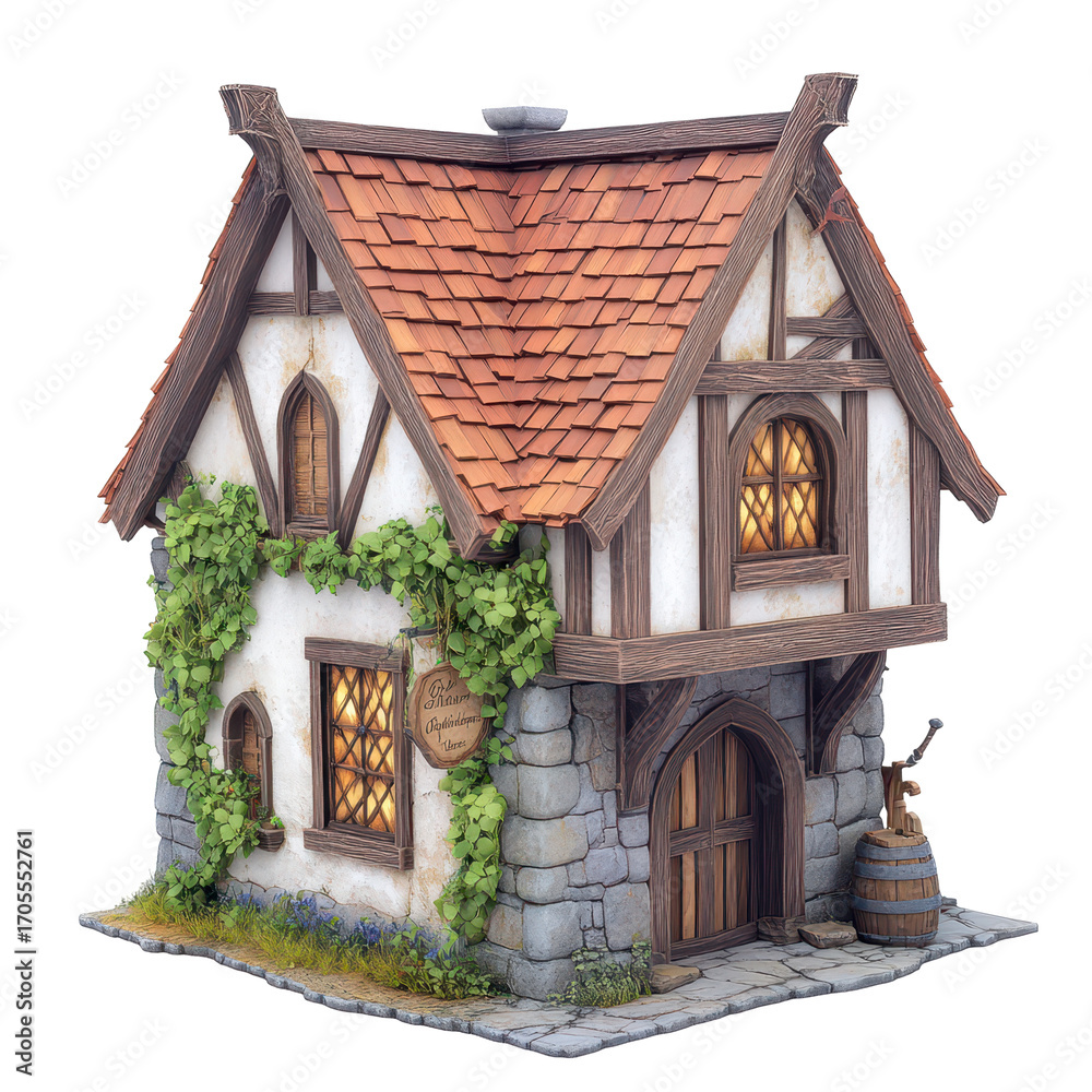 Obraz premium Charming miniature medieval house with a stone facade and a red tile roof.