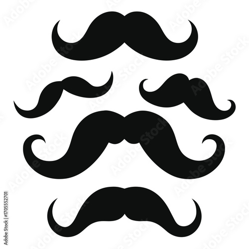 Assortment of Five Black Silhouette Moustaches with Elegant Curls and Different Proportions on a White Background