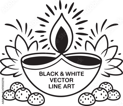 black line art diya lotus ladoos fireworks vector illustration