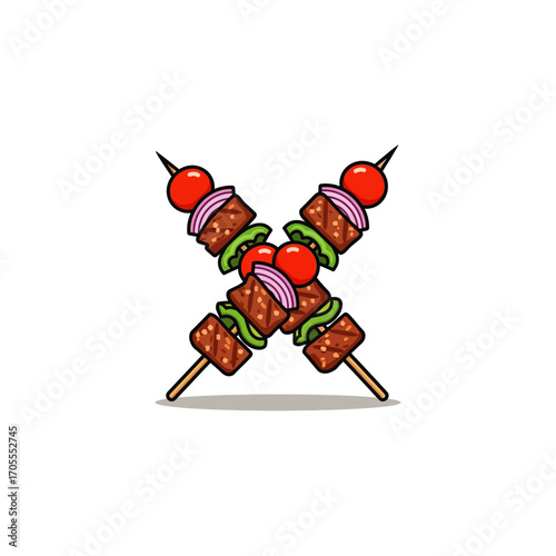 Crossed grilled shish kebab on skewers stick icon flat vector design.