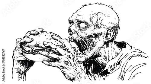 Zombie Eating Burger Ink Sketch - Walking Dead Fast Food Feast