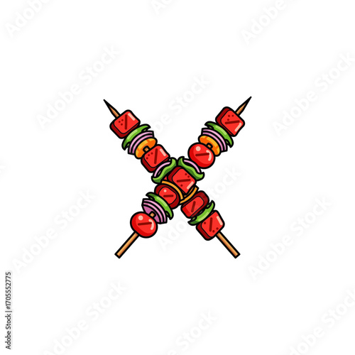 Crossed grilled shish kebab on skewers stick icon flat vector design.