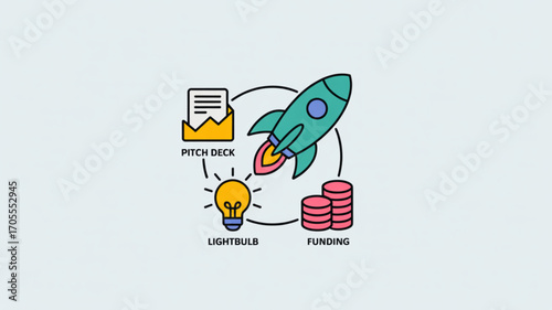 Illustration of a startup business with a rocket, lightbulb, funding, and pitch deck, representing the various elements needed for success