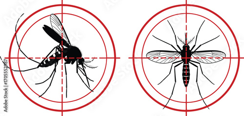 Two mosquitoes targeted in crosshairs, symbolizing pest control and disease prevention