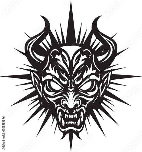 Fierce Demon Face with Spiky Aura Black and White devil