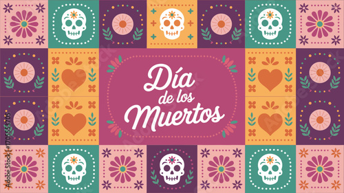 Día de los muertos themed background with skulls hearts and floral patterns in square arrangement