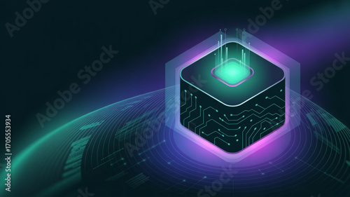 Abstract futuristic cube with glowing light and circuit patterns, representing advanced technology and digital innovation in a modern design