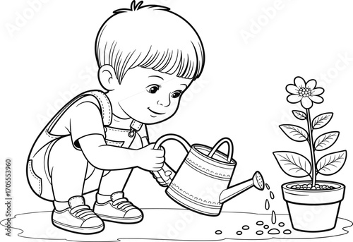 Cute little boy watering potted plant, cartoon coloring book illustration for kids, nature education, gardening activity, eco-friendly child development concept