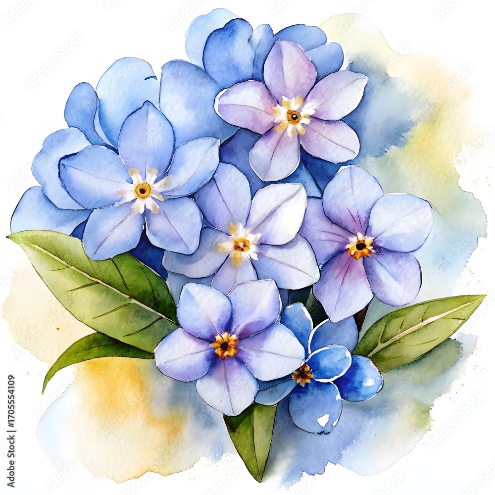 Fototapeta premium A beautiful watercolor bouquet of blue forget-me-not flowers. Symbol of true love and remembrance. A delicate botanical illustration with a soft, artistic splash background.