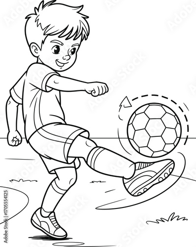 Active young boy kicking football, outdoor cartoon scene for kids coloring, black and white line art drawing, children sports activity illustration