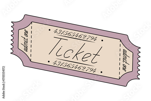 Ticket pink admit one. Isometry. Handwritten cursive lettering. Coupon right side tilted down. Color vector illustration. Tear-off ticket with number. Isolated white background. Cartoon.
