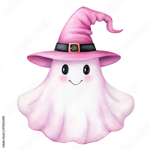 Cute ghost wearing a pink witch hat, perfect for Halloween celebrations.