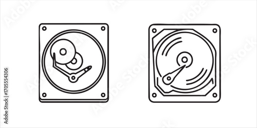 Clean black and white vector illustration of a hard disk drive symbol, ideal for data storage and computer hardware concepts.

