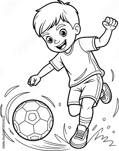Happy young boy kicking soccer ball with energy and excitement, active child playing football outdoors, sportswear outfit, black and white line art illustration