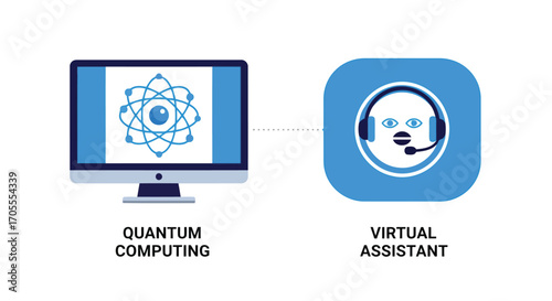Vector illustration of computer displaying quantum computing atom symbol connected to a virtual assistant headset icon