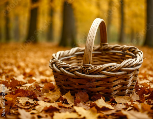 An empty wicker basket rests on a thick carpet of golden autumn maple leaves, capturing the tranquil, rustic beauty of the season. Perfect for fall themes.