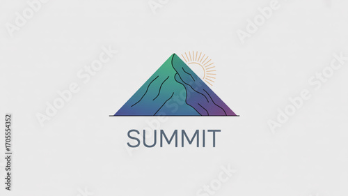 Mountain peak with sun representing summit, achievement, challenge, and success concept