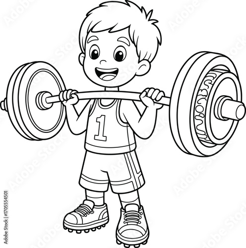 Happy young boy lifting heavy barbell weights, cartoon child exercising with barbell, fitness and strength training illustration for kids, black and white line art