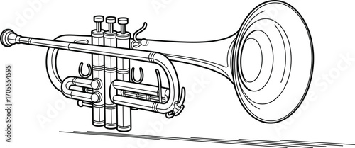 Black and white detailed trumpet line art, musical instrument outline drawing, classic brass trumpet design, wind instrument illustration, music education or coloring book page