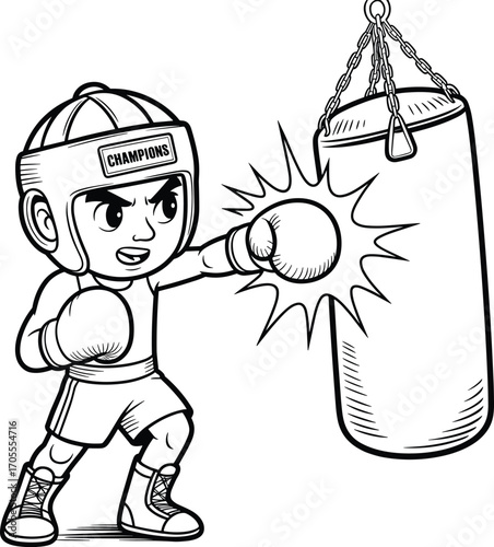 Young boy boxing with gloves and helmet, punching heavy bag with determination, kids sports training, fitness, martial arts, active lifestyle, boxing workout illustration
