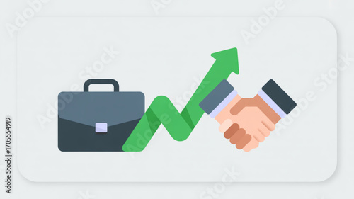 Business deal concept with handshake, briefcase, and arrow up for partnership, agreement, success, and growth in the market