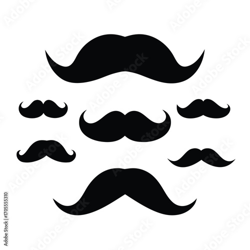 Collection of seven black mustache silhouettes of various shapes and sizes on a white background