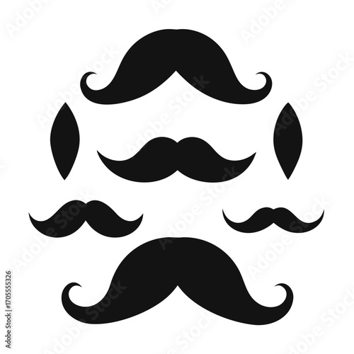 Collection of seven black silhouette mustaches and two oval shapes on a white background moustache
