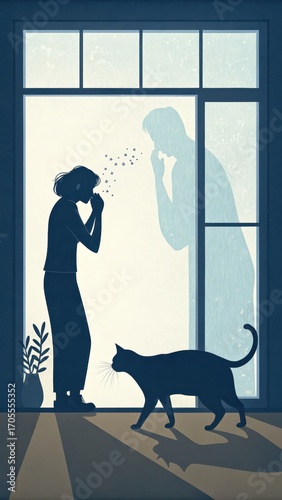 Silhouette of Cat and Sneezing Person by Window