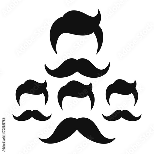 Five Black Silhouette Mustaches Paired with Hairstyles on White Background isolated