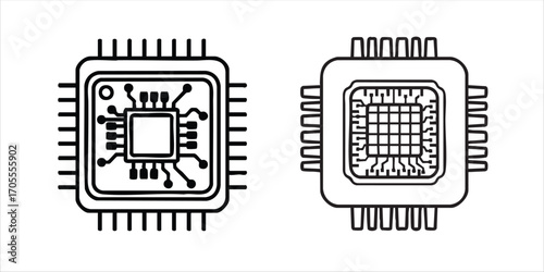 Black and white CPU processor chip vector illustration, suitable for computer technology, hardware, and electronics projects.
