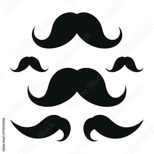Group of black silhouette mustaches in various styles on a white background moustache facial hair