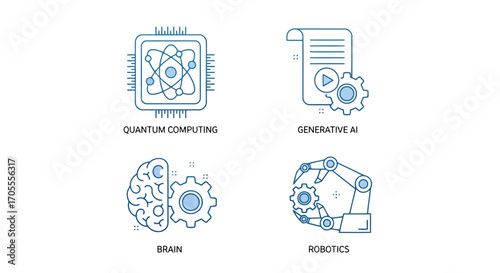 Vector illustration of set of four modern icons representing quantum computing, generative ai, brain, and robotics