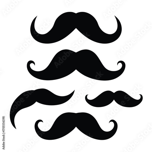Group of black stylized mustaches of various sizes and shapes on a white background facial hair