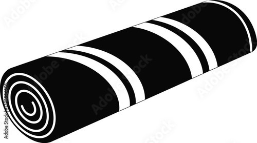 Rolled black yoga mat with white stripes on a white background, ready for practice