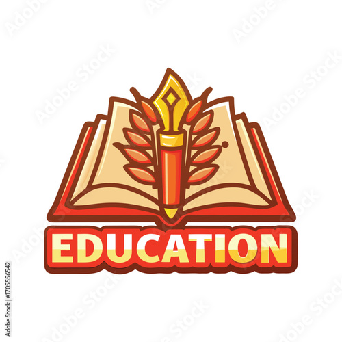 Educational Logo with Book, Pen Nib, and Laurel Elements