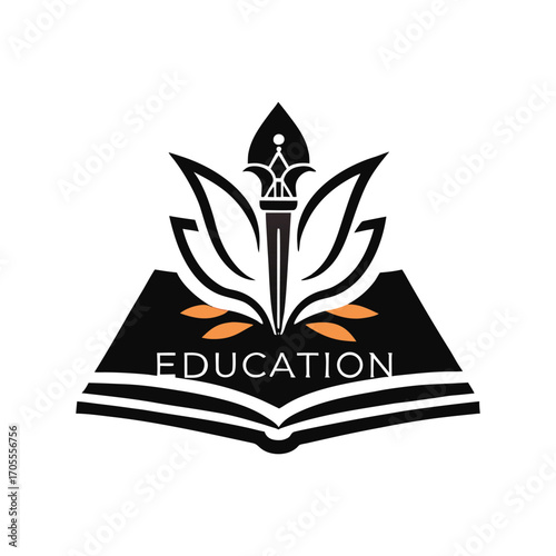 Educational Logo with Book, Pen Nib, and Laurel Elements