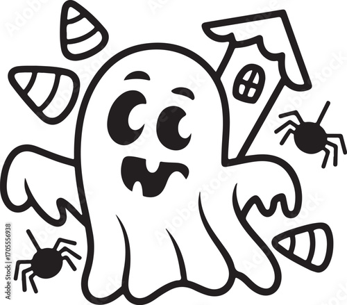 funny halloween vector illustration with crooked candy and haunted house