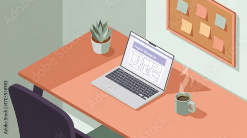 Workplace scene featuring a laptop on a desk with a coffee cup, plant, and sticky notes on the wall, creating a productive and organized atmosphere