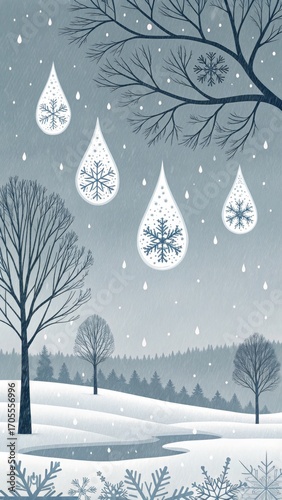 Winter Snowflakes Transforming into Raindrops Illustration
