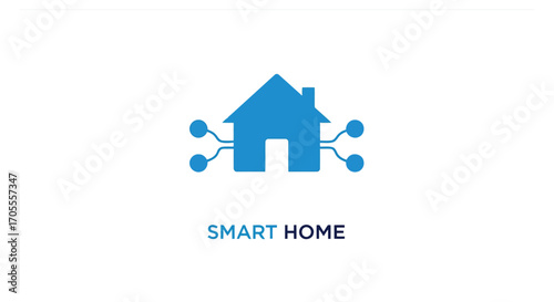 Vector illustration of blue icon representing a smart home with connected circuits